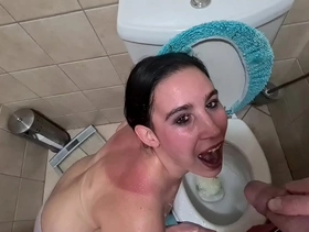 Piss slave loves getting her face and mouth covered in piss toilet licking