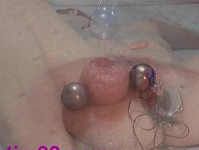 Double electro and saline nipples stimming pussy and tits