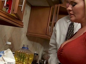 Chesty wife krissy lynn slurping cum in the kitchen