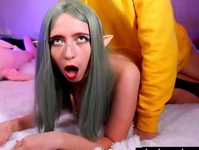 Submissive petite elf with big titts enjoys rough fuck and get cum on face