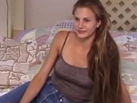 Cute blonde sucks her dick on her porn debut