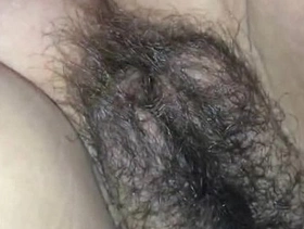 He cums on her hairy muff